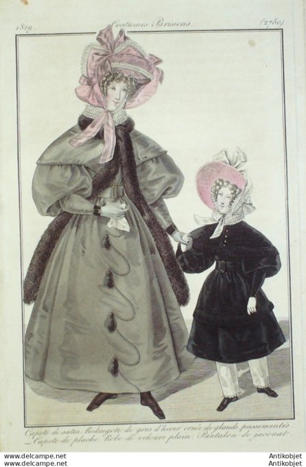 Gravure de mode Costume Parisien 1829 n°2750 Capotes pluche satin robe