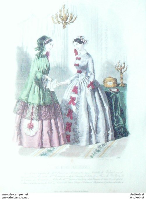 Gravure Les Modes Parisiennes 1846 # 196 Robes de bal Maison Fanny