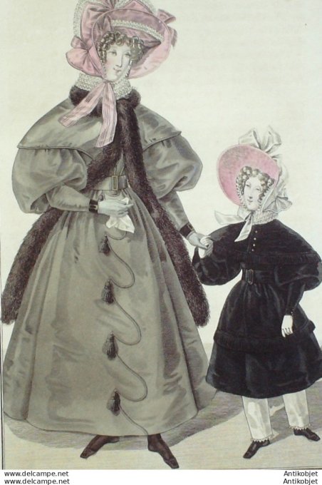 Gravure de mode Costume Parisien 1829 n°2750 Capotes pluche satin robe