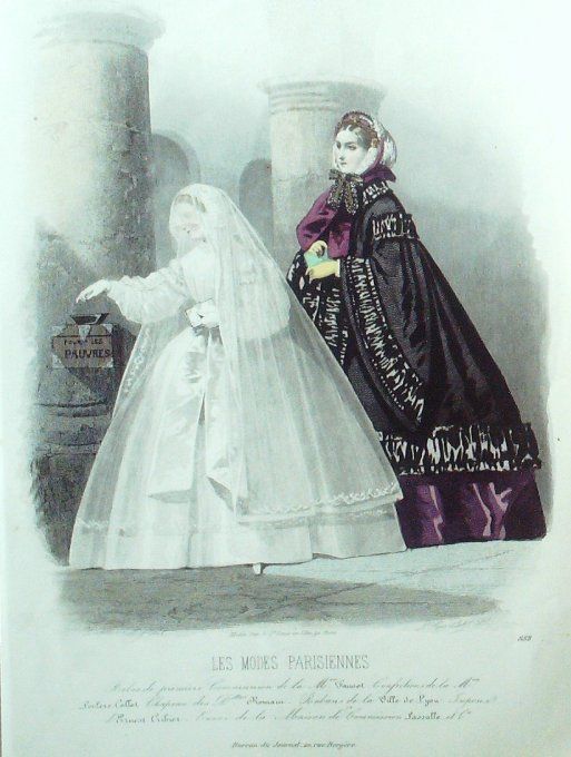 Gravure Les Modes Parisiennes 1860 # 888 Robes communiante Maison Fauvet