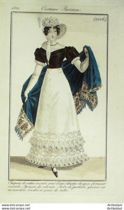 Gravure de mode Costume Parisien 1821 n°2016 Robe perkale en mousseline brodée