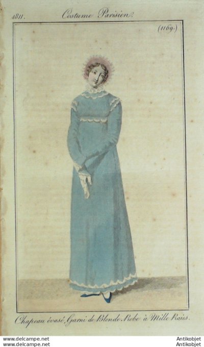Gravure de mode Costume Parisien 1811 n°1169 Robe à mille raies