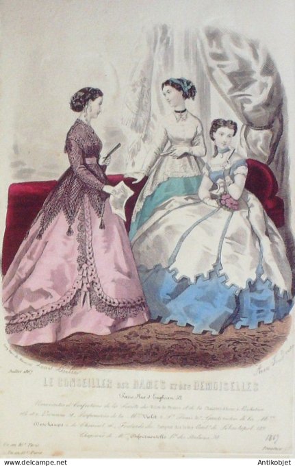 Gravure Mode Conseiller des Dames 1867 #  7 (aquarellee Old Fashion plate)