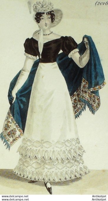 Gravure de mode Costume Parisien 1821 n°2016 Robe perkale en mousseline brodée