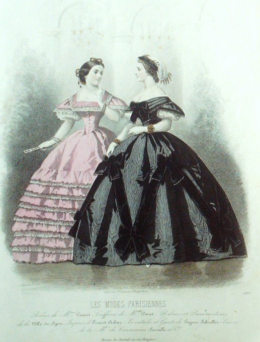 Gravure Les Modes Parisiennes 1860 # 889 Robes de soiréeMaison Fauvet