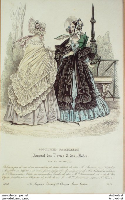 Costume Parisien 1838 # 3559 Robes poult de soie & mousseline