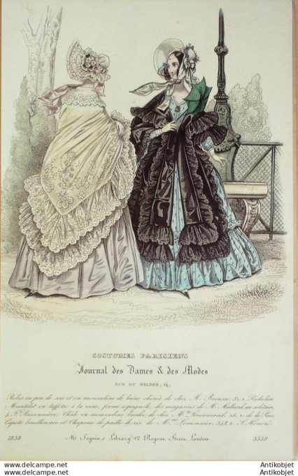 Gravure de mode Costume Parisien 1838 n°3559 Robes poult de soie & mousseline