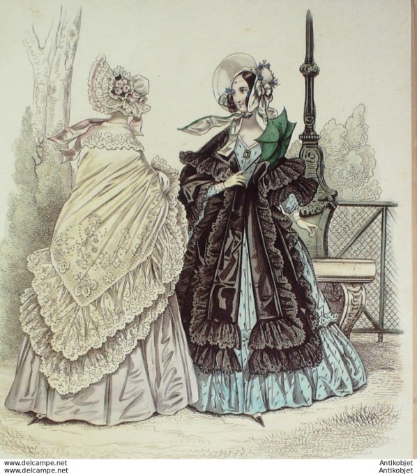 Gravure de mode Costume Parisien 1838 n°3559 Robes poult de soie & mousseline