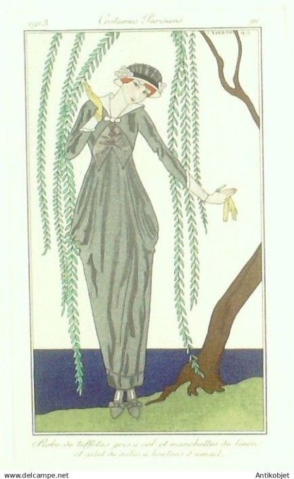 Gravure Costume Parisien 1913 # 91 Barbier George (eau forte) Robe de Taffetas