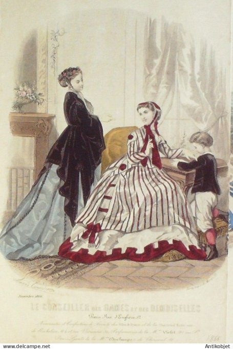 Gravure Mode Conseiller des Dames 1866 # 11 (aquarellee Old Fashion plate)