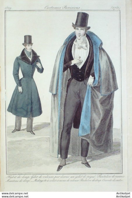 Gravure de mode Costume Parisien 1829 n°2751 Redingote et habit de drap homme