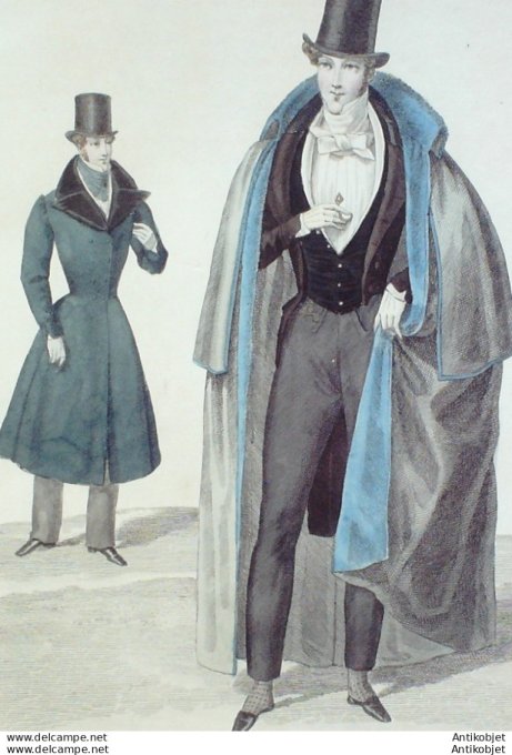 Gravure de mode Costume Parisien 1829 n°2751 Redingote et habit de drap homme