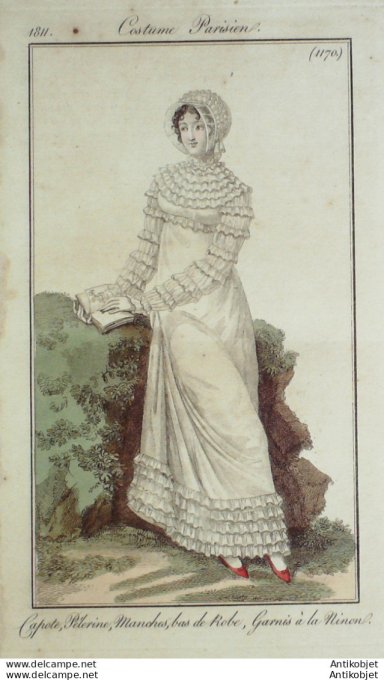 Gravure de mode Costume Parisien 1811 n°1170 Pélerine manches bas de robe