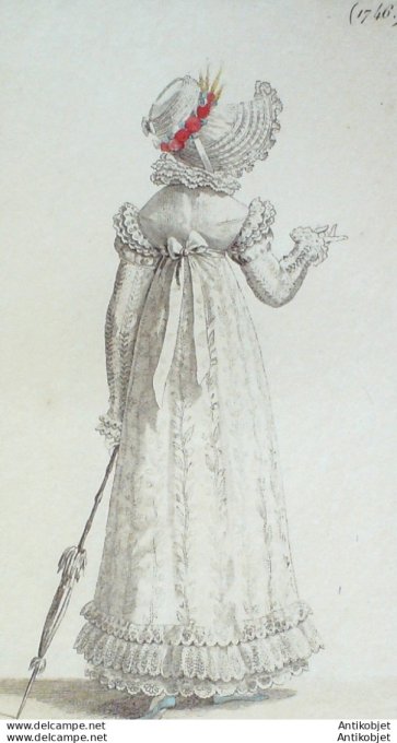 Gravure de mode Costume Parisien 1818 n°1746 Guimpe mousseline robe perkale