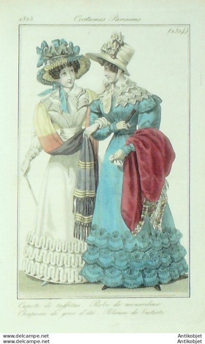 Gravure de mode Costume Parisien 1825 n°2324 Robe mousseline blouse batiste