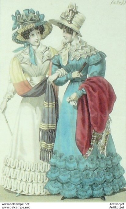 Gravure de mode Costume Parisien 1825 n°2324 Robe mousseline blouse batiste