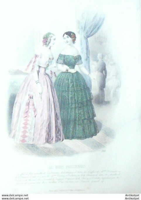 Gravure Les Modes Parisiennes 1846 # 198 Robes en perkale Maison Fanny