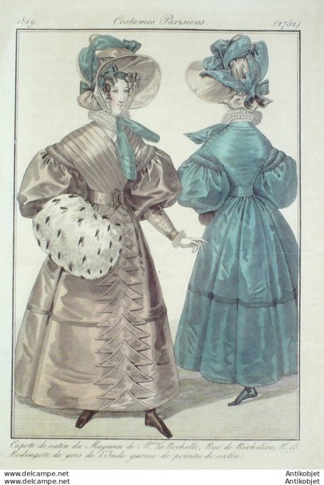 Gravure de mode Costume Parisien 1829 n°2752 Redingote gros de l'Inde