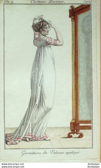 Gravure de mode Costume Parisien 1800 n° 272 (An 9) Garnitures de velours