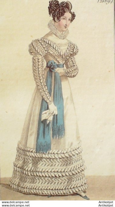 Gravure de mode Costume Parisien 1823 n°2169 Robe perkale garnie de coques