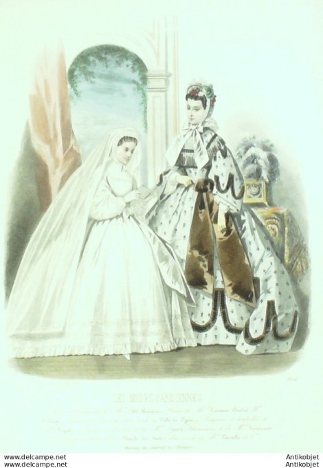 Gravure Les Modes Parisiennes 1863 #1052 Robes de communiante Maison Plé-Horain