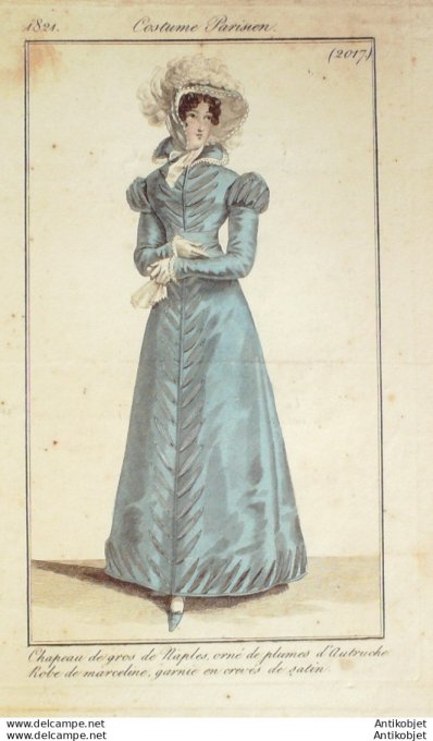 Gravure de mode Costume Parisien 1821 n°2017 Robe marceline et crevés satin