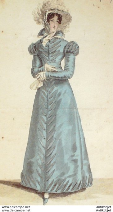 Gravure de mode Costume Parisien 1821 n°2017 Robe marceline et crevés satin
