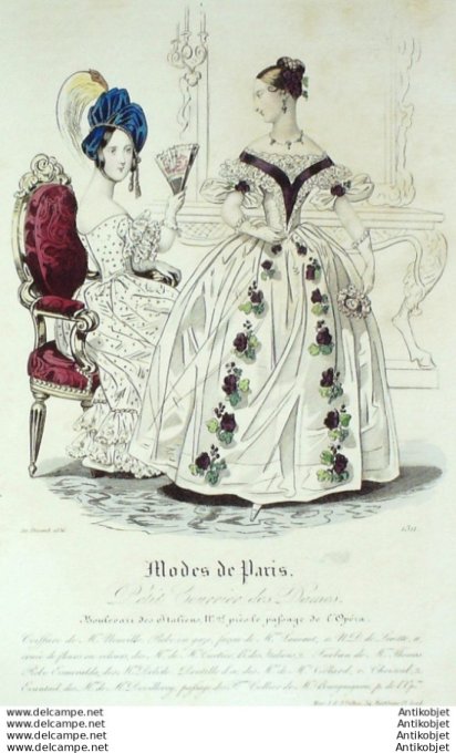 Gravure Mode Courrier des Dames 1836 # 1311 (eau forte old Fashion plate)
