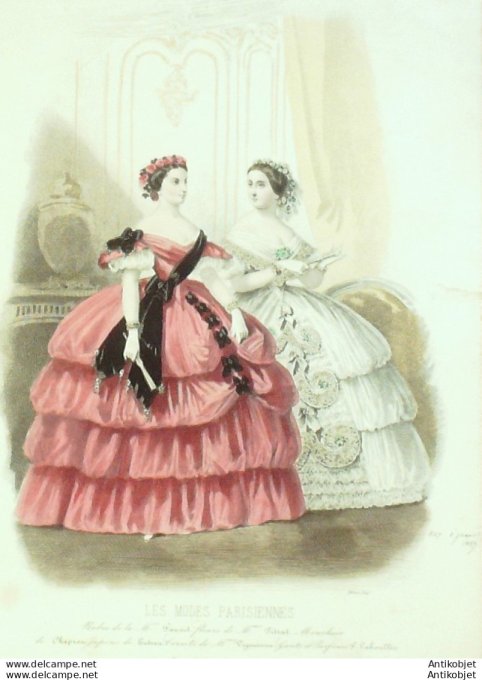 Gravure Les Modes Parisiennes 1858 # 827 Robes de bal Maison Fauvet