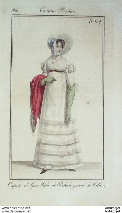 Gravure de mode Costume Parisien 1818 n°1747 Robe perkale et tulle