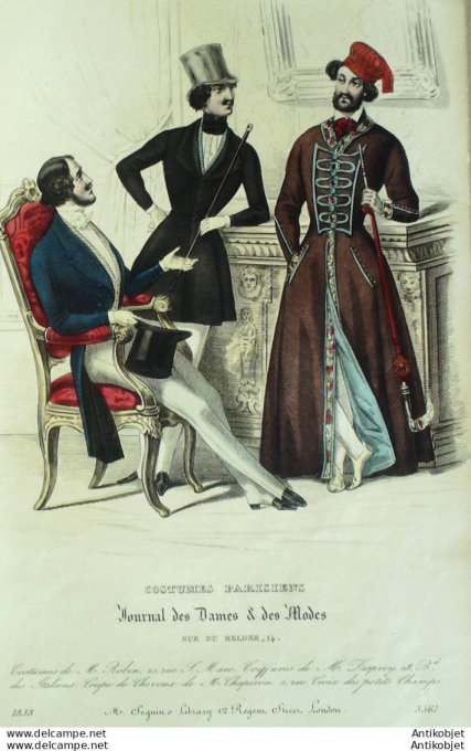 Gravure de mode Costume Parisien 1838 n°3561 Habits Peignoir homme chapeaux