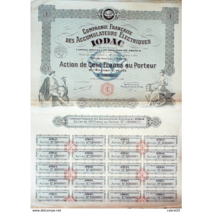 Accumulateurs Electriques Iodac Cie Française action 100 Fr 1928