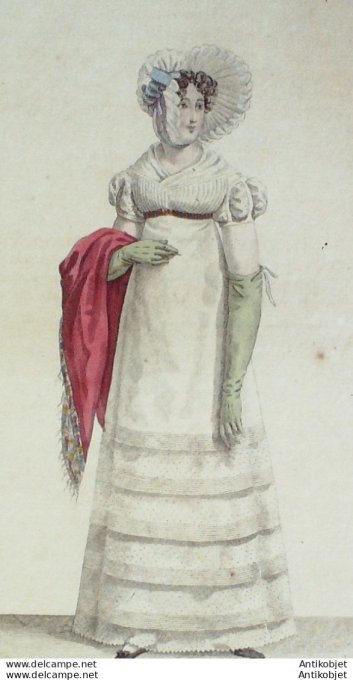 Gravure de mode Costume Parisien 1818 n°1747 Robe perkale et tulle