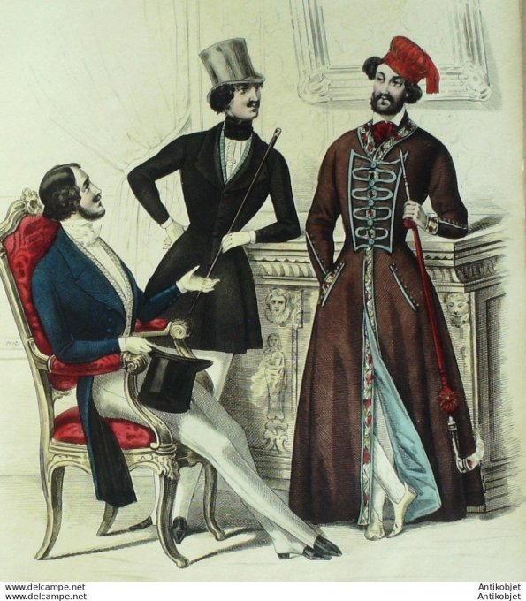 Gravure de mode Costume Parisien 1838 n°3561 Habits Peignoir homme chapeaux