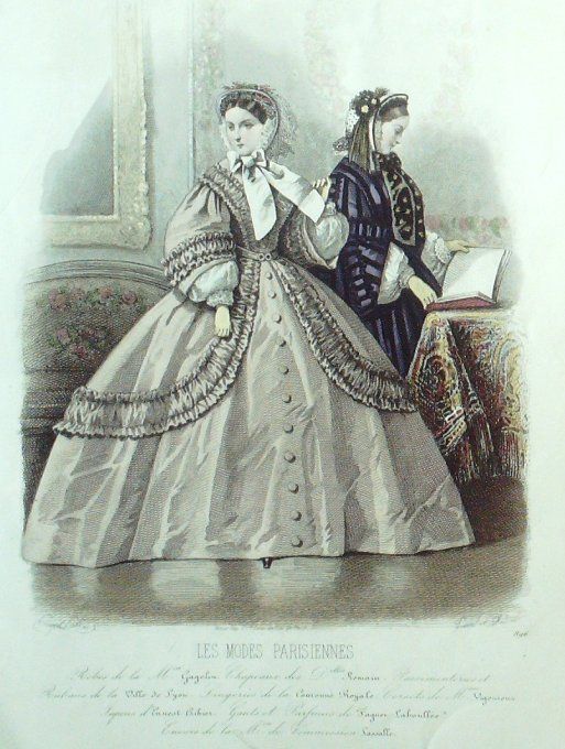 Gravure Les Modes Parisiennes 1860 # 896 Robes gros de Naples Maison Gagelin