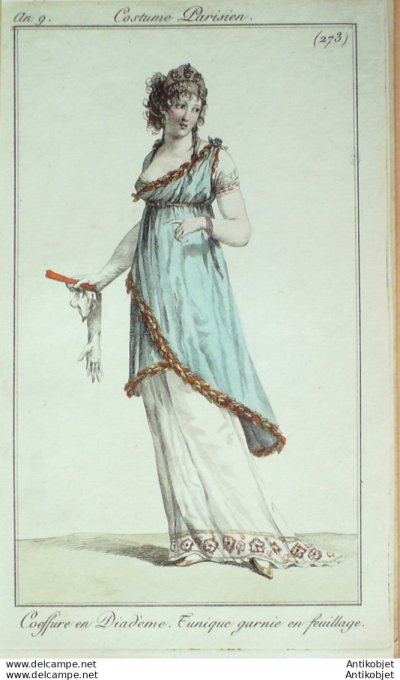 Gravure de mode Costume Parisien 1800 n° 273 (An 9) Tunique garnie en feuillage