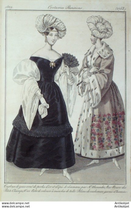 Gravure de mode Costume Parisien 1829 n°2753 Robe velours à manches tulle
