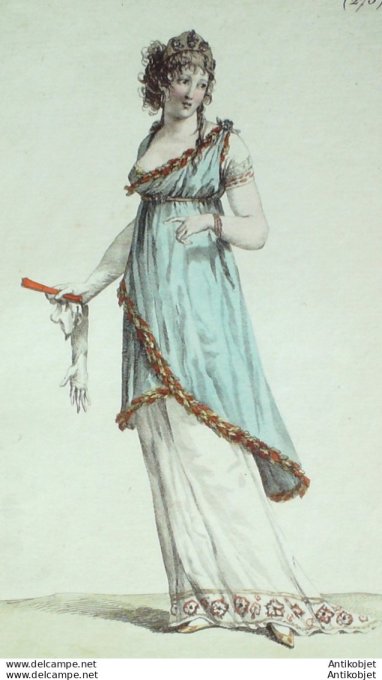 Gravure de mode Costume Parisien 1800 n° 273 (An 9) Tunique garnie en feuillage