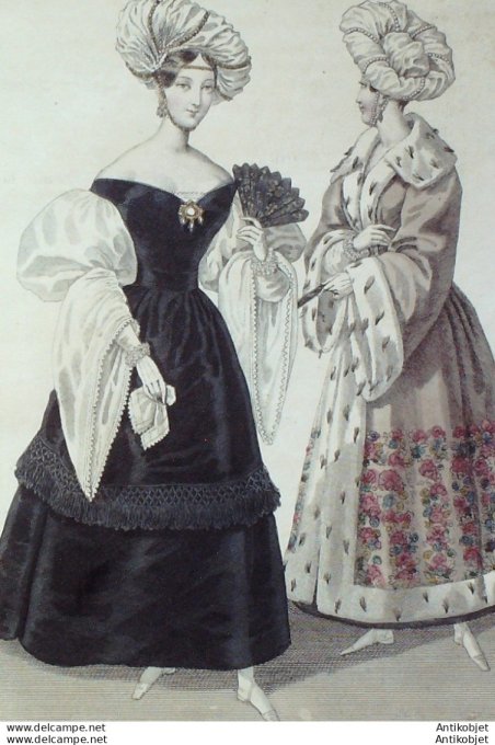 Gravure de mode Costume Parisien 1829 n°2753 Robe velours à manches tulle