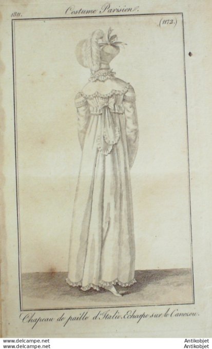 Gravure de mode Costume Parisien 1811 n°1172 Echarpe sur le canezou