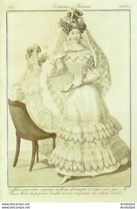 Costume Parisien 1827 # 2560 Robe de Popeline brodée en soie