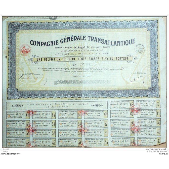 Générale Transatlantique Cie Emprunt 200 Fr 1934