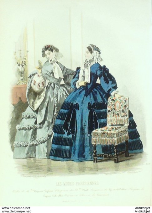 Gravure Les Modes Parisiennes 1858 # 828 Robes satin Maison Vafseno