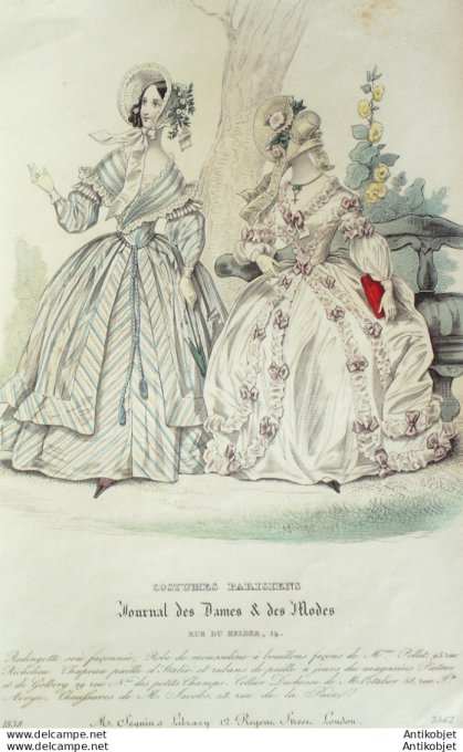 Gravure de mode Costume Parisien 1838 n°3562 Redingote en soie façonnée