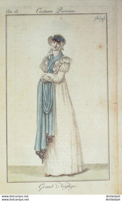 Gravure de mode Costume Parisien 1805 n° 659 (An 13) Grand négligé