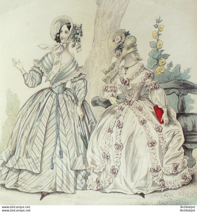 Gravure de mode Costume Parisien 1838 n°3562 Redingote en soie façonnée