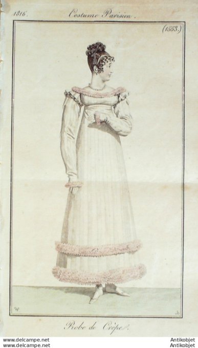 Gravure de mode Costume Parisien 1816 n°1553 Robe de crêp