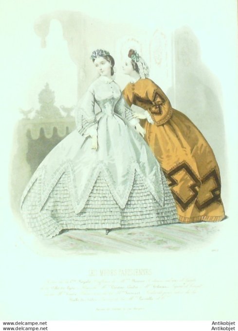 Gravure Les Modes Parisiennes 1863 #1053 Robes satin Cie Royale