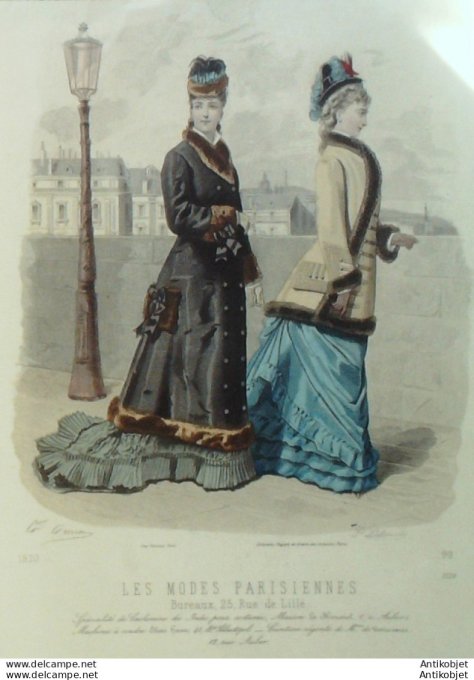Gravure Les Modes Parisiennes 1877 #1728 Robes Cachemire des Indes Maison Roussel