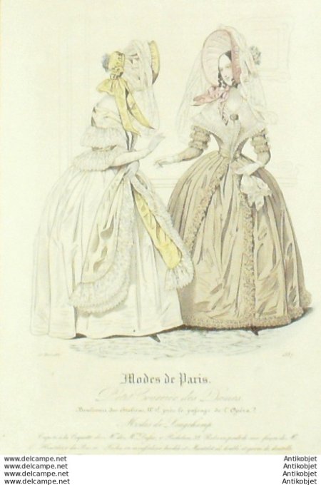 Gravure Mode Courrier des Dames 1837 # 1337 (eau forte old Fashion plate)